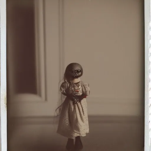 Prompt: aged polaroid photo of a scary doll in empty room, gloomy, grainy