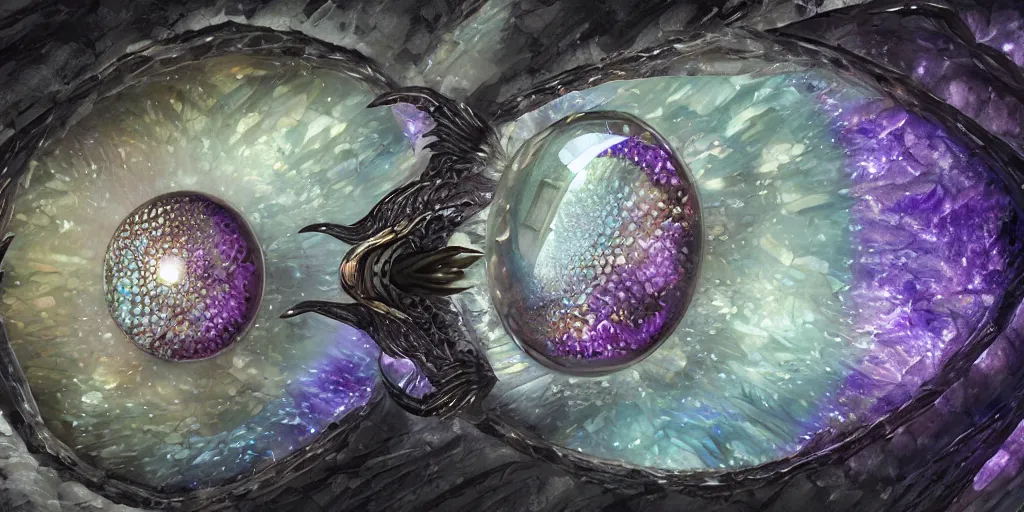 Image similar to A beautiful detailed painting of a crystal dragon eye with shiny scales, geode, quartz, amethyst. John Howe, Andreas Rocha, dynamic lighting, dramatic lighting, cinematic lighting, sharp, reflective, unreal engine, featured on artstation, physically based rendering, polarizer filter