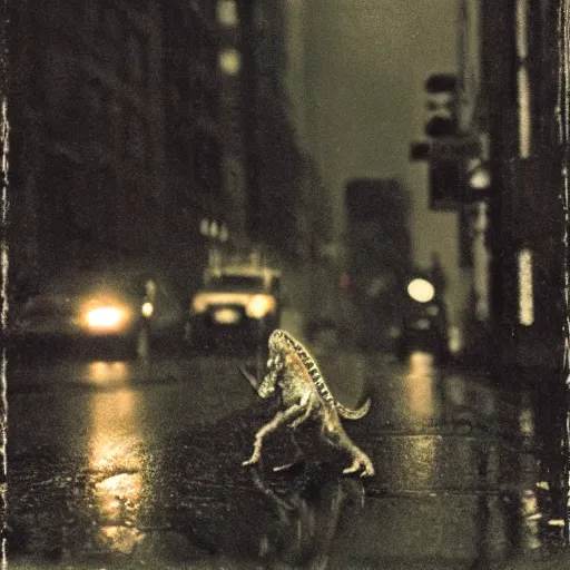 Image similar to a photo by saul leiter of a tiny dinosaur alone in a street of new york, dark and rainy, highly detailed, beautiful