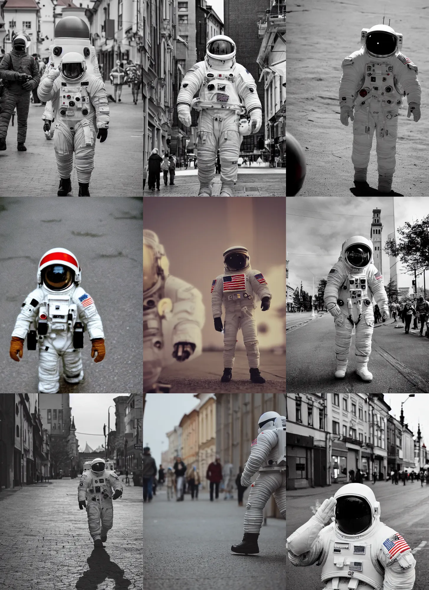 Prompt: extreme low angle long shot, white extremelyoversized giant chubby american astronaut in spacesut with oversized helmet walking in legnica, in the background are tiny soldiers, movie still, bokeh, canon 5 0 mm, cinematic lighting, dramatic, film, photography, depth of field, award - winning, overcast, 8 k, 3 5 mm film grain