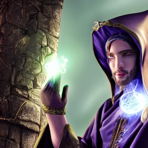 Image similar to a photorealistic male wearing wizard outfit, sharp focus