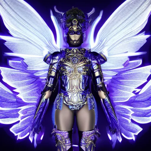 Prompt: a photo of 8k ultra realistic archangel with 6 wings, full body, intricate purple and blue neon armor, ornate, cinematic