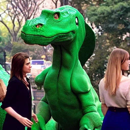 Image similar to The one where Ross leaves Rachel and gets out with a big green dinosaur in Central Park