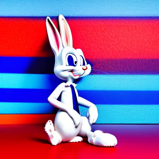 Image similar to photo of a bugs bunny toy sitting infront of a red wall with blue stripes ultra realistic, lens flare, atmosphere, glow, detailed, intricate, full of colour, cinematic lighting, trending on artstation, 4 k, hyperrealistic, focused, extreme details, unreal engine 5, cinematic, masterpiece, ultra realistic, hyper realistic, highly detailed, sharp focus, digital art