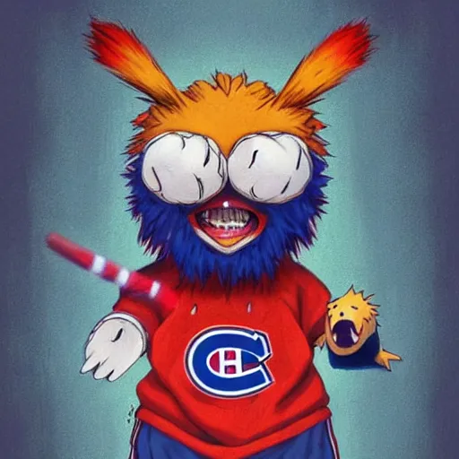 Image similar to scary anime Portrait of Youppi the Habs Montreal Canadiens Mascot as a very cute powerful and violent pokemon, highly detailed anime, high evolution, 1990s, legendary, smooth, sharp focus, dynamic lighting, intricate, trending on ArtStation, stuff of nightmare, illustration pokemon, art by WLOP