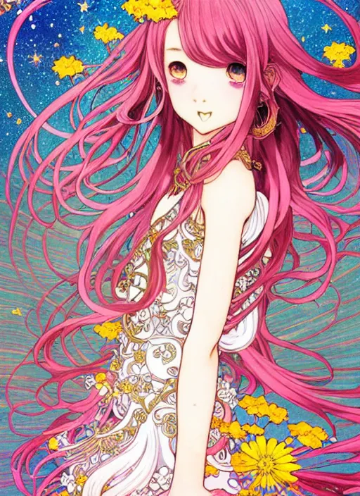 Image similar to exquisite imaginative manga poster art of a girl, long wavy hair, stars, flowers, rococo dress, pearlescent, shimmering, by kojima ayami, shigenori soejima, minaba hideo, alphonse mucha, jump comics, shogakukan, art nouveau, illustration, artstation, highly detailed, 8 k, colorful, maximalist