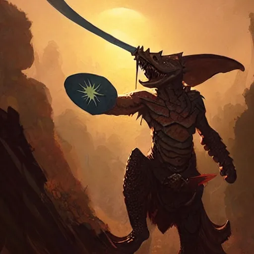 Image similar to a crocodile warrior holds a morning star and a shield, by greg rutkowski, magic the gathering,