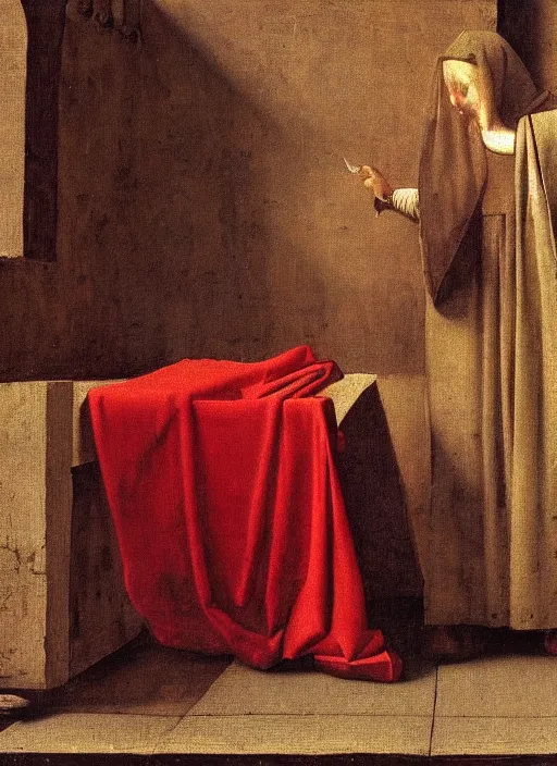 Image similar to red cloth of the floor, medieval painting by jan van eyck, johannes vermeer, florence