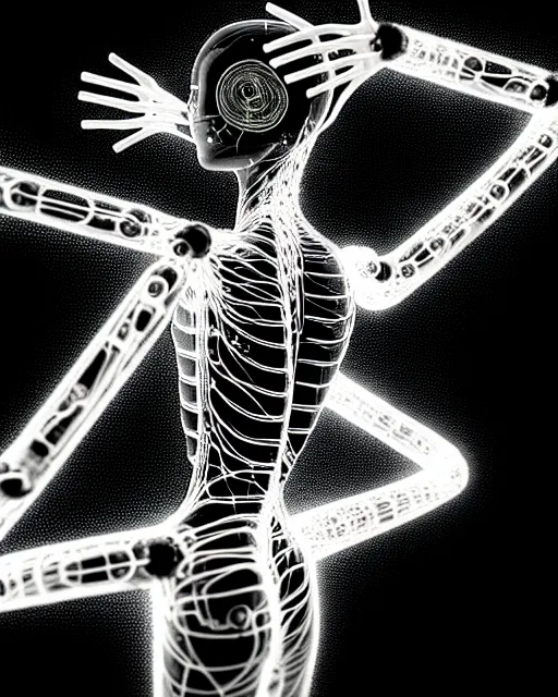 Prompt: black and white cyborg - plant goddess high quality photo, microchip, artificial intelligence, bio - mechanical bio - luminescence, black wired cables, neurons, nerve cells, cinematic, rim light, photo - realistic, elegant, high detail, 8 k, masterpiece, high fashion, in the style of dora maar