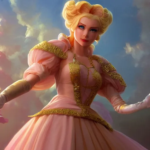 Prompt: princess peach, posing heroically, heavenly, full body close-up shot, elegant, realistic character concept, high fantasy, light atmosphere, golden ratio, cinematic lighting, hyperdetailed, high resolution, insanely detailed and intricate, artstation, Marc Simonetti, Greg Rutkowski, octane render, 8k