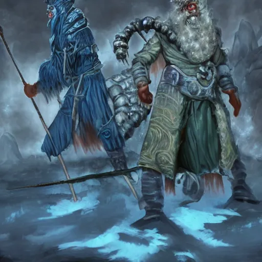 Prompt: Artwork by Nils Hamm of The Chitine King Hian the Demigod, master of Ice, and their hateful haunting of steam mephits and horrifying balors, who plan to take revenge on the party for a perceived wrong done to them long ago.