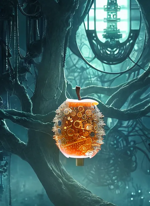 Image similar to intricate mechanical translucent apple with visible gears and components inside, growing off a tree, on the background of a weird magical mechanical forest. Very detailed 8k. Fantasy cyberpunk horror. Sharp. Cinematic post-processing