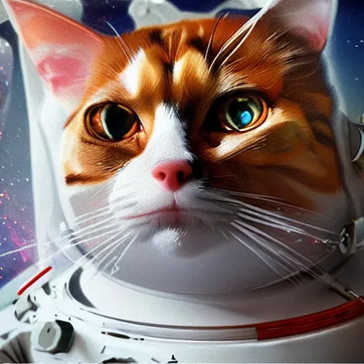 Prompt: portrait of a calico cat wearing a cosmonaut suit, concept art, painting by Viktor Vasnetsov, cinematic lighting , cinematic mood, very detailed, 8k, high resolution