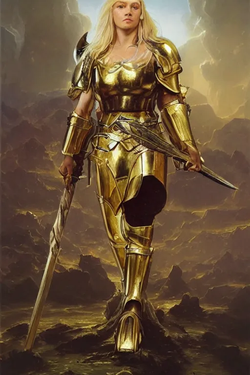 Image similar to a beautiful valkyrie , half body portrait, blond hair, heavy gold armour, realistic oil painting by Thomas Cole and Wayne Barlowe and Boris Valejo