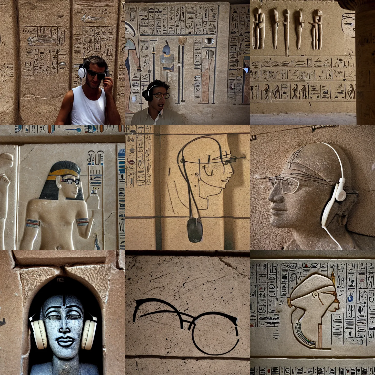 Prompt: person wearing over-ear headphones and glasses inscribed on the wall of a tomb in egypt, historical, artifact, marble, stone, national geographic, relic