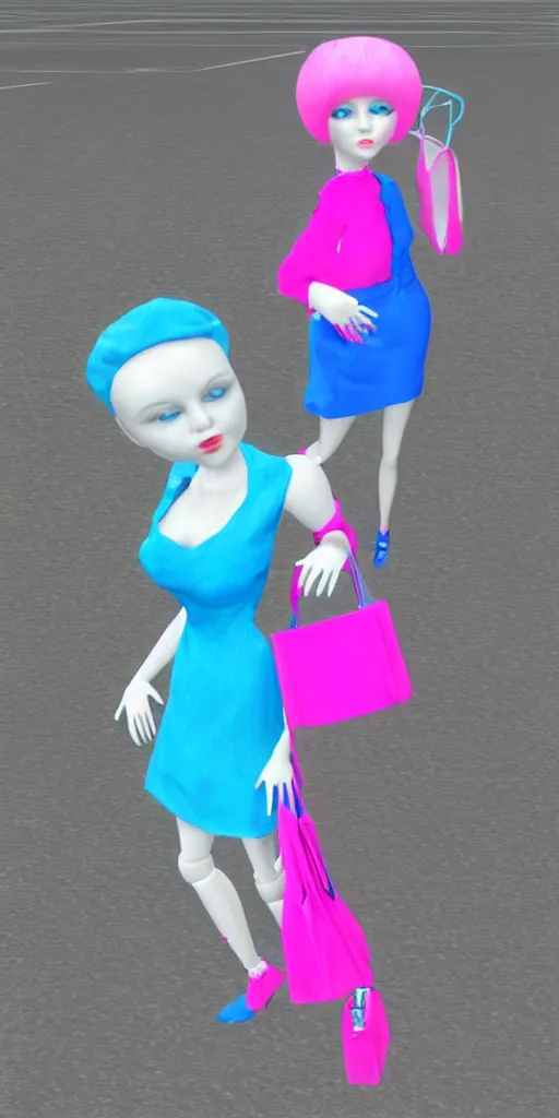 Image similar to 3d glitched malice blue doll carrying a pink fashion bag in a street city psx rendered early 90s net art n64