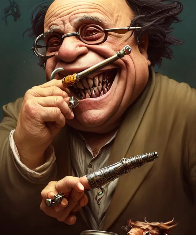 Image similar to danny devito as a fantasy goblin smoking a pipe, portrait, fantasy, intricate, elegant, highly detailed, digital painting, artstation, concept art, smooth, sharp focus, illustration, art by artgerm and greg rutkowski and alphonse mucha