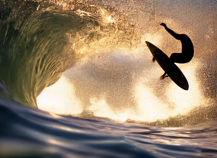 Image similar to a 2 8 mm macro photo of a surfer inside a curling wave, splash art, movie still, bokeh, canon 5 0 mm, cinematic lighting, dramatic, film, photography, golden hour, depth of field, award - winning, anamorphic lens flare, 8 k, hyper detailed, 3 5 mm film grain, hazy