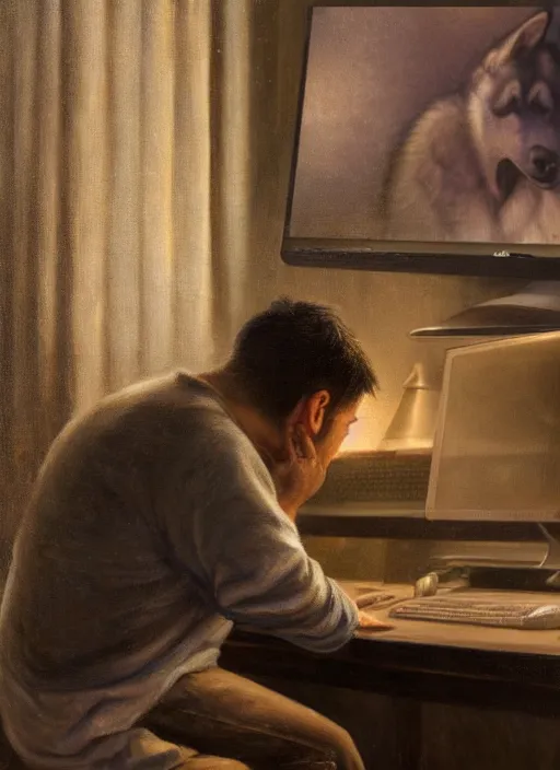 Image similar to insanely detailed chiaroscuro image of a exhausted - looking husky casually - dressed programmer guy on his knees facing his glowing ultrawide computer monitor monitor begging it for forgiveness, oil on canvas, masterwork, fine detail, trending on artstation, emotive, insanely compelling, ryden, koons, moebius