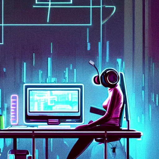 Prompt: a woman wearing a headphone sitting in front of her computer on a cold rainy day, night in a bedroom full of plants and neon light, cyberpunk, scifi, concept art, highly detailed, artstation, concept art, smooth.sharp focus, digital art, art by yuumei