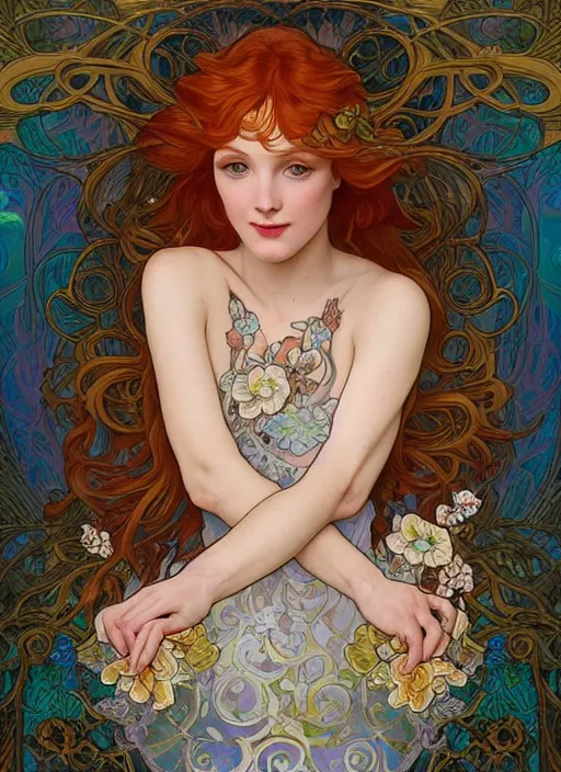 Image similar to redhead woman, rococo and art nouveau fusion, iridescent diaphanous refractive and reflective flower bouquet, tarot card, highly detailed, deep focus, elegant, digital painting, smooth, sharp focus, illustration, ultra realistic, 8 k, art by artgerm and alphonse mucha