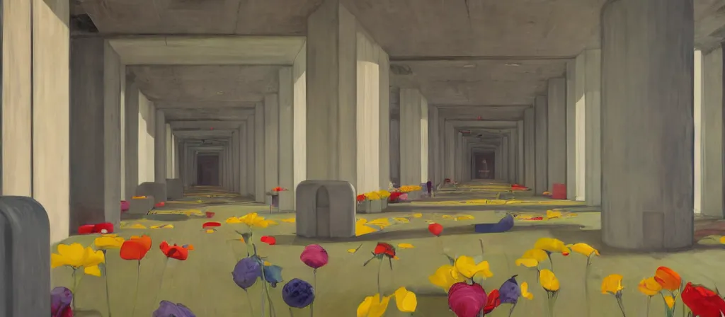 Image similar to colorful minimalist industrial interior hallway with monolithic pillars in the style of ridley scott and stanley kubrick, impossible stijl architecture, bed of flowers on floor, ultra wide angle view, cinematic, god rays, volumetric lighting, realistic detailed painting by edward hopper