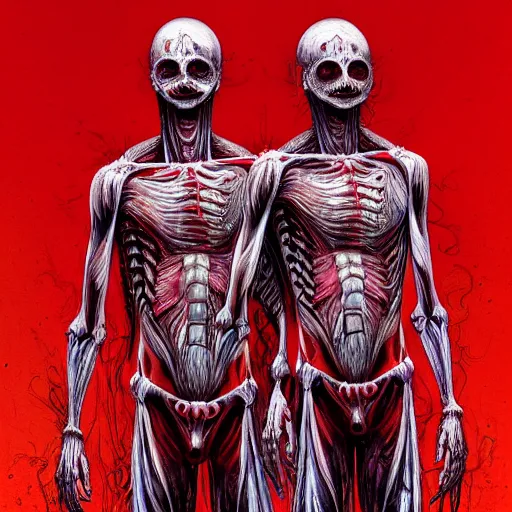 Prompt: Ryan Gosling twins emerging from corpses in a red hellscape covered in blood by Yoshitaka Amano, by HR Giger, full body wide shot, biomechanical, 4k, hyper detailed, hyperrealism, anime, red sky, blood and body parts, deviantart, artstation