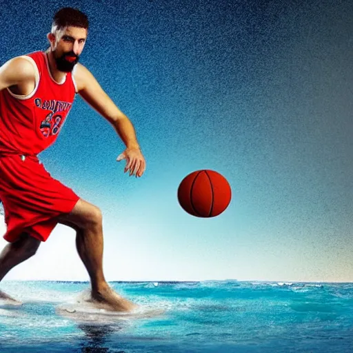 Prompt: A photo of jesus playing basketball while running on water