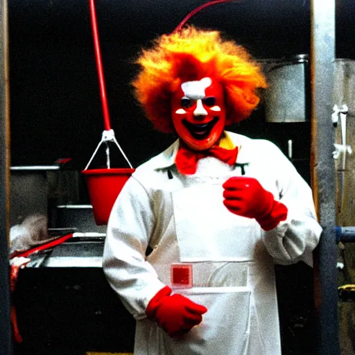 Prompt: ronald mcdonald working in a slaughterhouse.