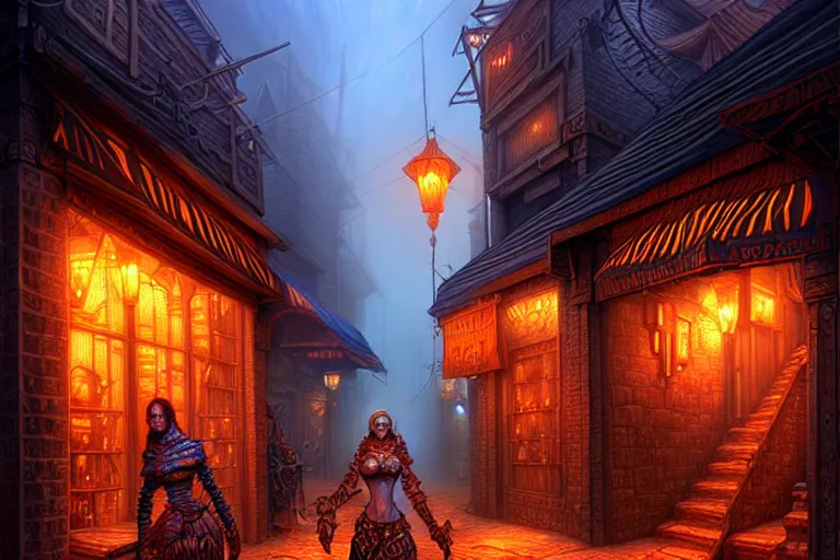 Image similar to a highly detailed bazaar street in the planescape city of sigil, amazing planescape digital painting, by gerald brom, brom digital art, intricate details, ultra realistic, beautiful art, volumetric lighting, warm colors advance cool colors recede, by brom, trending cgsociety, artstation, rim lighting, 8 k