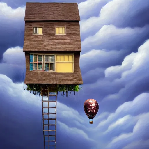 Prompt: A hyperdetailed digital oil painting of a house in the clouds,ladder,balloon,by Brueghel the Elder Trending on ArtStation and DeviantArt,Digital