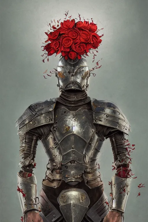 Image similar to portrait of beautiful young man, warhammer, japaneese style, more cyber armor, a lot of more scars, more and more flowers, red head, the middle ages, highly detailed, artstation, illustration, art by rene magritte, 8 k quality