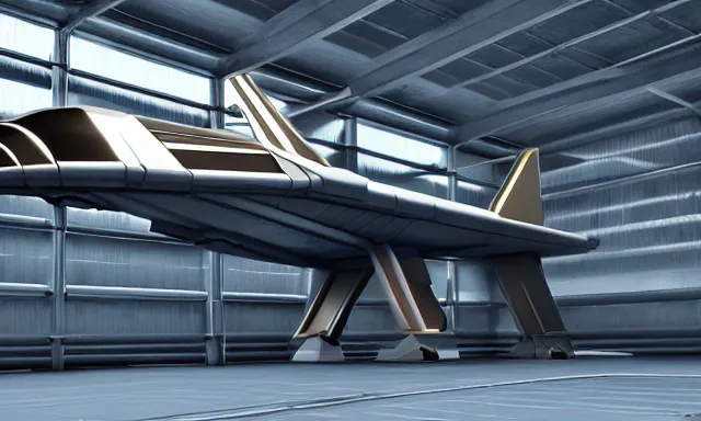 Prompt: matte painting, digital painting, high quality, unreal engine 5, spaceship in hangar