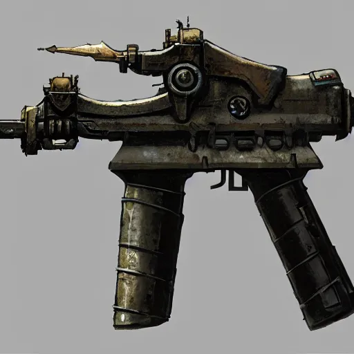 Image similar to greg manchess video game weapon icon concept art of an dieselpunk grenade launcher, matte background, highly detailed, digital painting, artstation, concept art, by makoto shinkai and akihiko yoshida and hidari and wlop and greg rutkowski