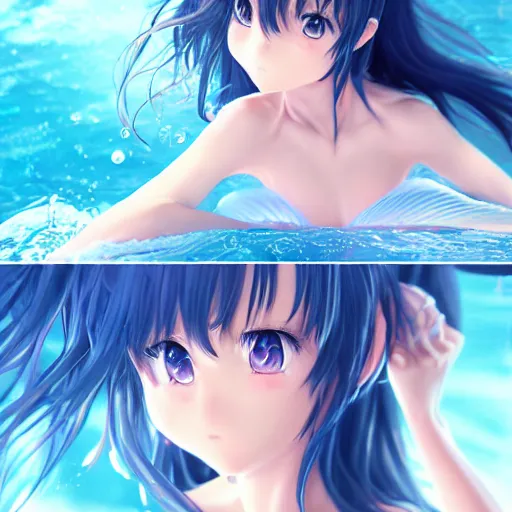 Prompt: 3D advanced digital art, a very cute anime girl wearing a dress made of water sleeping in a shell , full body, very long black hair, azure blue watery eyes, full round face, cinematic lighting, mid-shot, highly detailed, trending on pixiv, Steven Artgerm Lau, WLOP, Rossdraws, James Jean, Andrei Riabovitchev, totorrl, Marc Simonetti, visual key, and Sakimichan