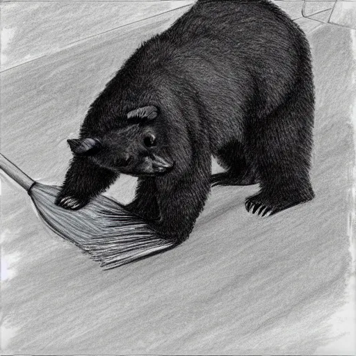 Prompt: bear cleaning the floor, holding a broom, sweeping, pencil sketch