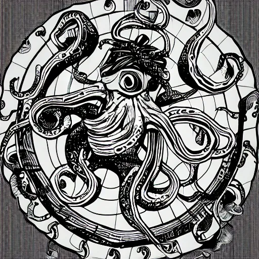 Prompt: illustration of an octopus drummer