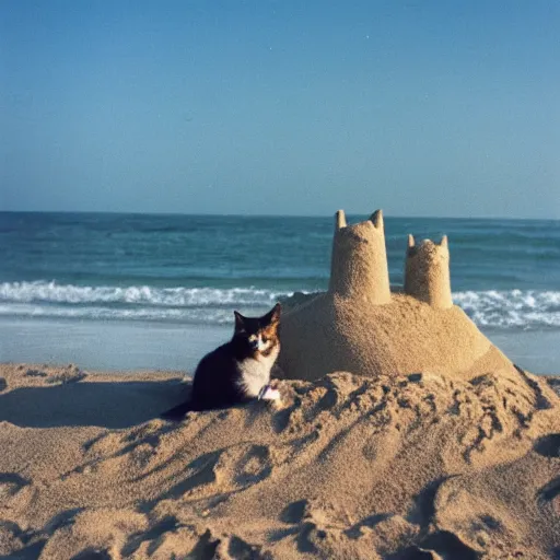 Image similar to a photo of cat making a sand castle on the beach, cinestill, 8 0 0 t, 3 5 mm, full - hd