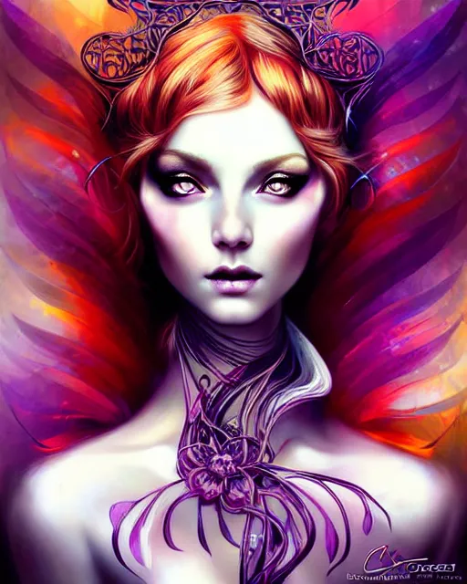 Image similar to Beautiful, evil and playful ethereal ginger portrait, art nouveau, fantasy, intricate flower designs, elegant, highly detailed, sharp focus, art by Artgerm and Yossi Kotler, Carne griffith and WLOP