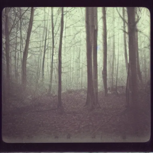 Prompt: glowing eyes in a dark forest, old polaroid, expired film, lost footage, nightmare, creepy, horror, unsettling,