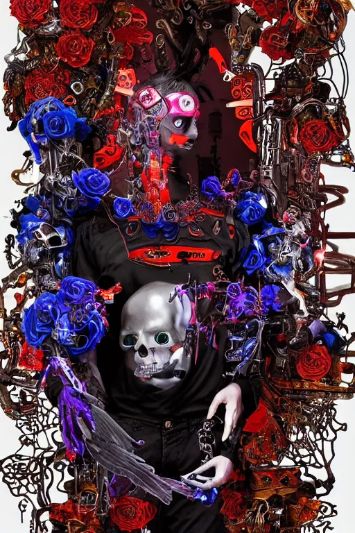 Image similar to full-body cyberpunk style sculpture of a young handsome Latino prince half android with a chest opening exposing circuitry and electric sparks, glowing red eyes, crown of blue roses, flowing magenta-colored silk, fabric, snakes. baroque elements, human skull. full-length view. baroque element. intricate artwork by caravaggio. many many birds birds on background. Trending on artstation, octane render, cinematic lighting from the right, hyper realism, octane render, 8k, depth of field, 3D