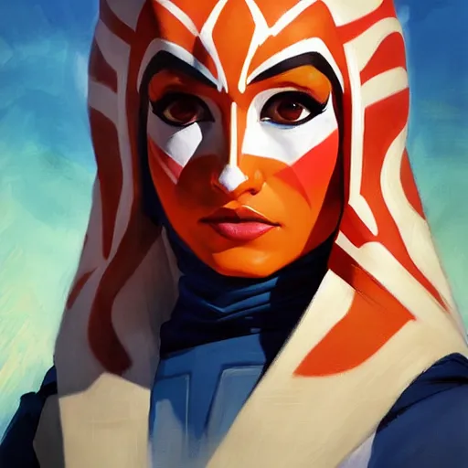 Prompt: greg manchess portrait painting of ahsoka tano as overwatch character, medium shot, asymmetrical, profile picture, organic painting, sunny day, matte painting, bold shapes, hard edges, street art, trending on artstation, by huang guangjian and gil elvgren and sachin teng