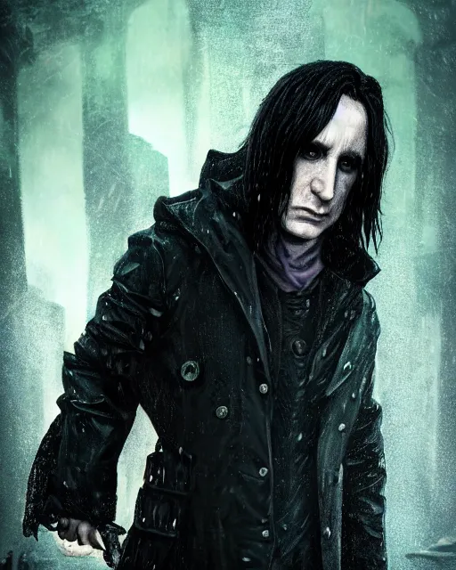Prompt: An epic fantasy comic book style portrait painting of a very imposing Industrial goth Trent Reznor as Severus Snape in the rain, wet hair, neon reflections, character design by Mark Ryden and Pixar and Hayao Miyazaki, unreal 5, DAZ, hyperrealistic, octane render, cosplay, RPG portrait, dynamic lighting, intricate detail, cinematic