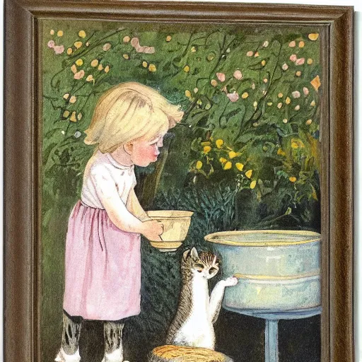 Prompt: girl giving a cat a bowl of cream in a garden by cicely mary barker