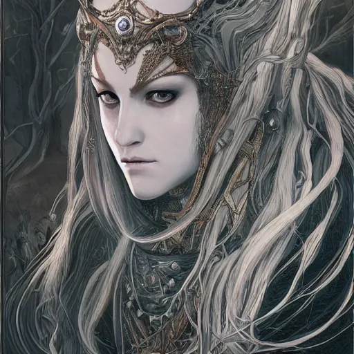 Image similar to portrait of a ranni the witch from elden ring, baroque style, elegant, beautiful, mesmerizing, concept art, highly detailed, artstation, behance, deviantart, inspired by innocent manga, inspired by castlevania concept art, trending, ayami kojima, shinichi sakamoto