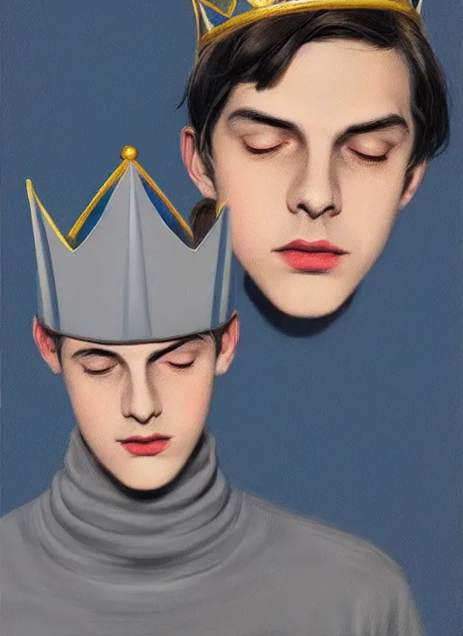 Image similar to portrait of teenage jughead jones wearing a light grey crown, crown, blue turtleneck, 1 9 5 0 s, closed eyes, photorealistic, black hair, glowing lighting, intricate, elegant, glowing lights, highly detailed, digital painting, artstation, concept art, smooth, sharp focus, illustration, art by wlop, mars ravelo and greg rutkowski