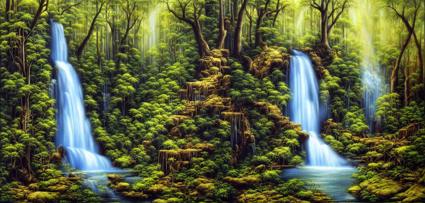 Prompt: a painting of a waterfall in a forest, an airbrush painting by terry redlin, deviantart, metaphysical painting, airbrush art, detailed painting, oil on canvas