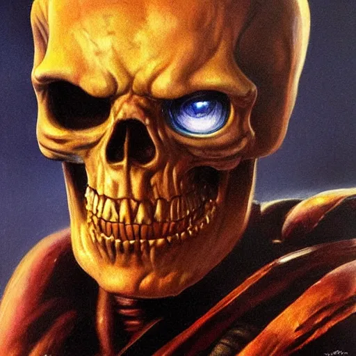 Prompt: ultra realistic portrait painting of skeletor as the terminator, art by frank frazetta, 4 k, ultra realistic, highly detailed, epic lighting