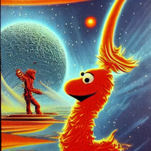 Image similar to elmo in the style of a 7 0 s science fiction novel cover, highly detailed, bruce pennington, peter jones