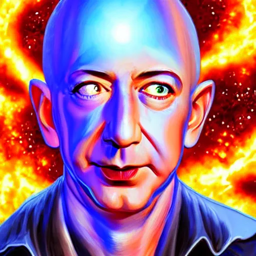 Image similar to Jeff Bezos as a terrifying cosmic horror with tentacles and soulless eyes with a cosmic background. Epic digital art